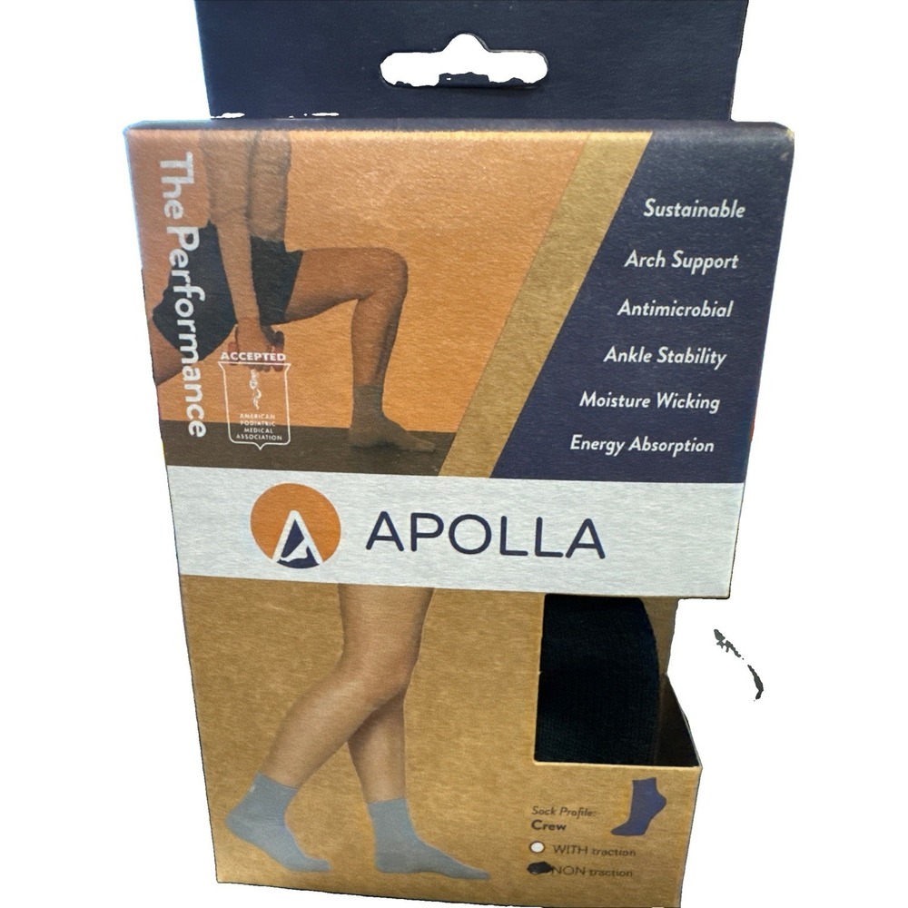 APOLLA XL The PERFORMANCE Crew Sock Non-Traction Compression Stability Black NEW